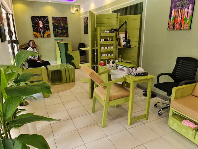 Spa reception and beauty lounge with sage and olive interiors