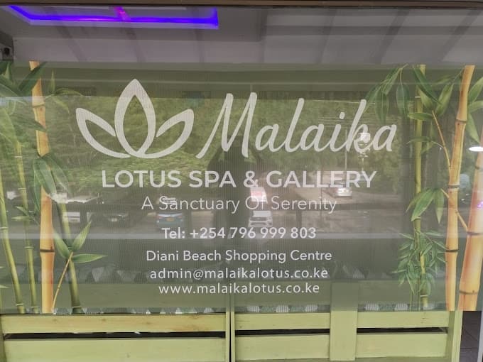 Malaika Lotus Spa & Gallery signage at Diani Beach Shopping Centre